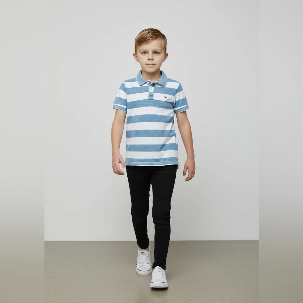 H & M L.O.G.G. polo shirt boy 6-8 years white/blue striped collar buttons cotton